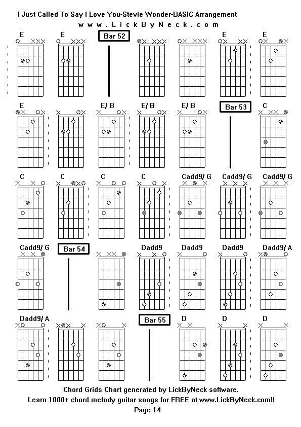 Chord Grids Chart of chord melody fingerstyle guitar song-I Just Called To Say I Love You-Stevie Wonder-BASIC Arrangement,generated by LickByNeck software.